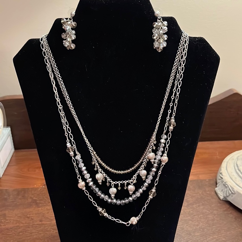 WHBM 3-in-1 Necklace Set w/ Earrings, Silver/Beads